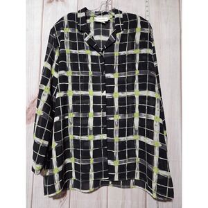 Nygard‎ Collection Blouse 16 Black Lime Green Sheer Chiffon Plaid Button Up Top